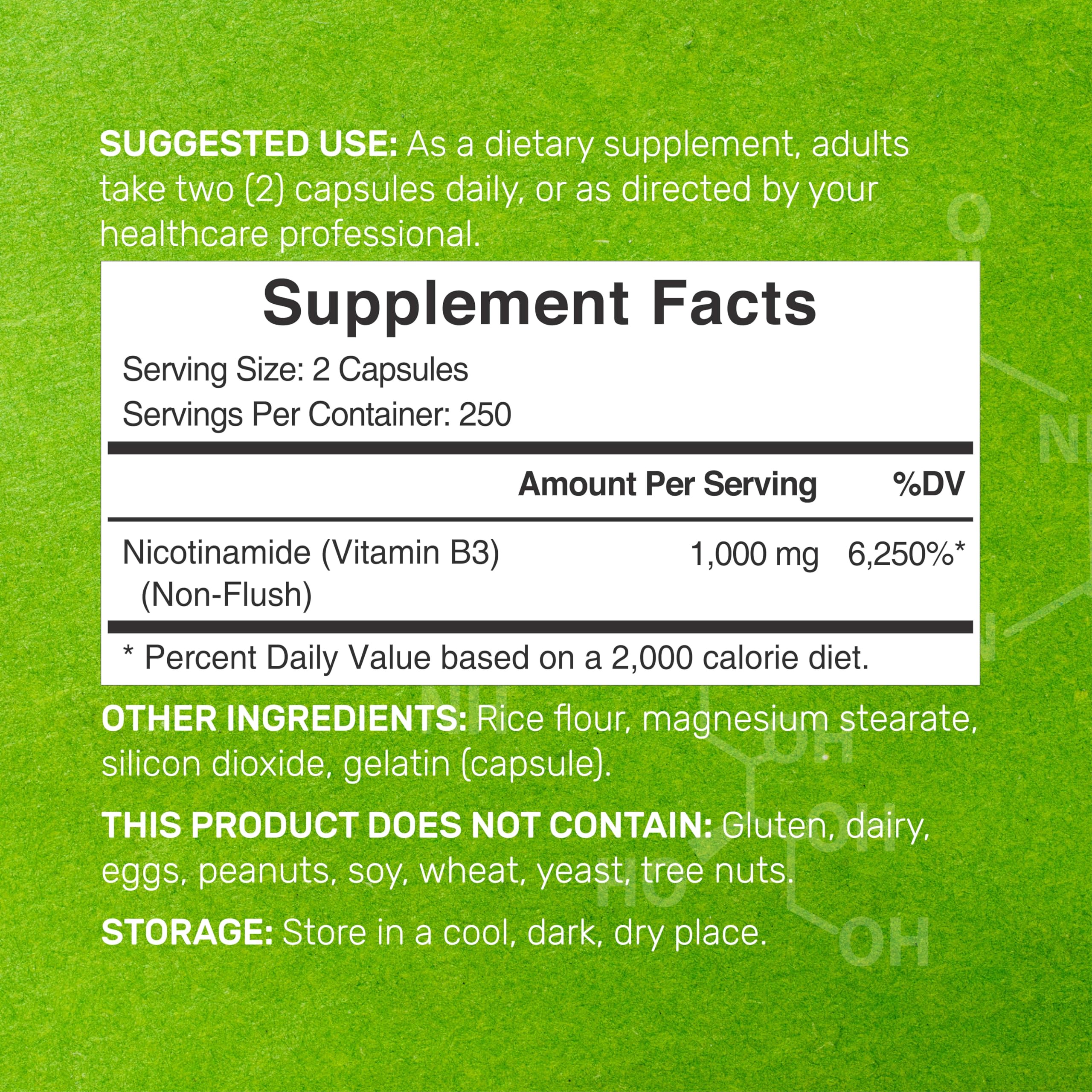 Close-up of 1000mg nicotinamide per serving capsule