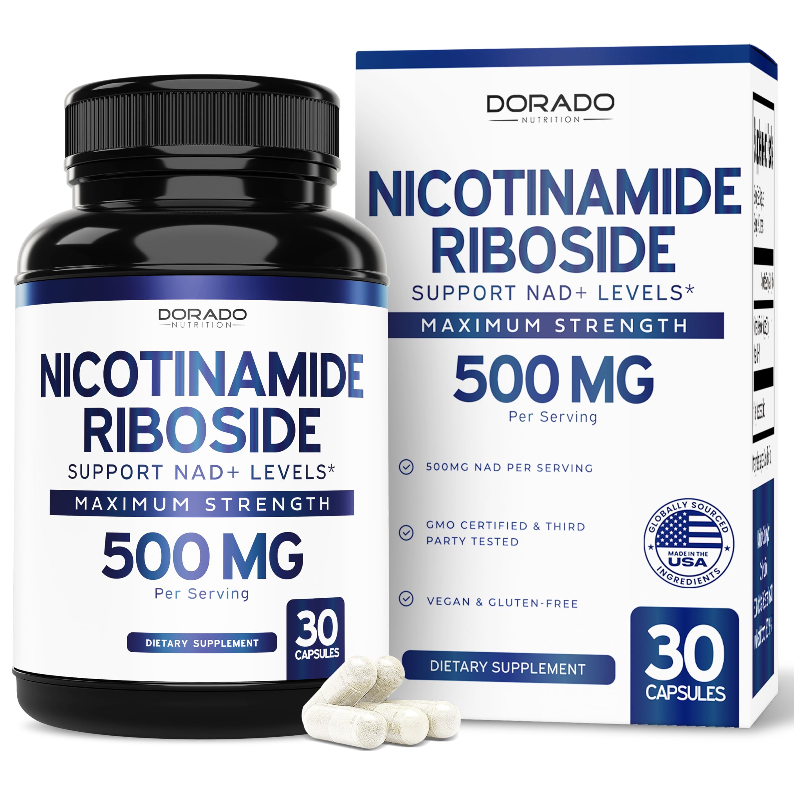 Bottle of Nicotinamide Riboside 500mg NAD+ booster supplement