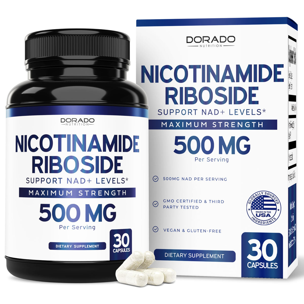 Bottle of Nicotinamide Riboside 500mg NAD+ booster supplement