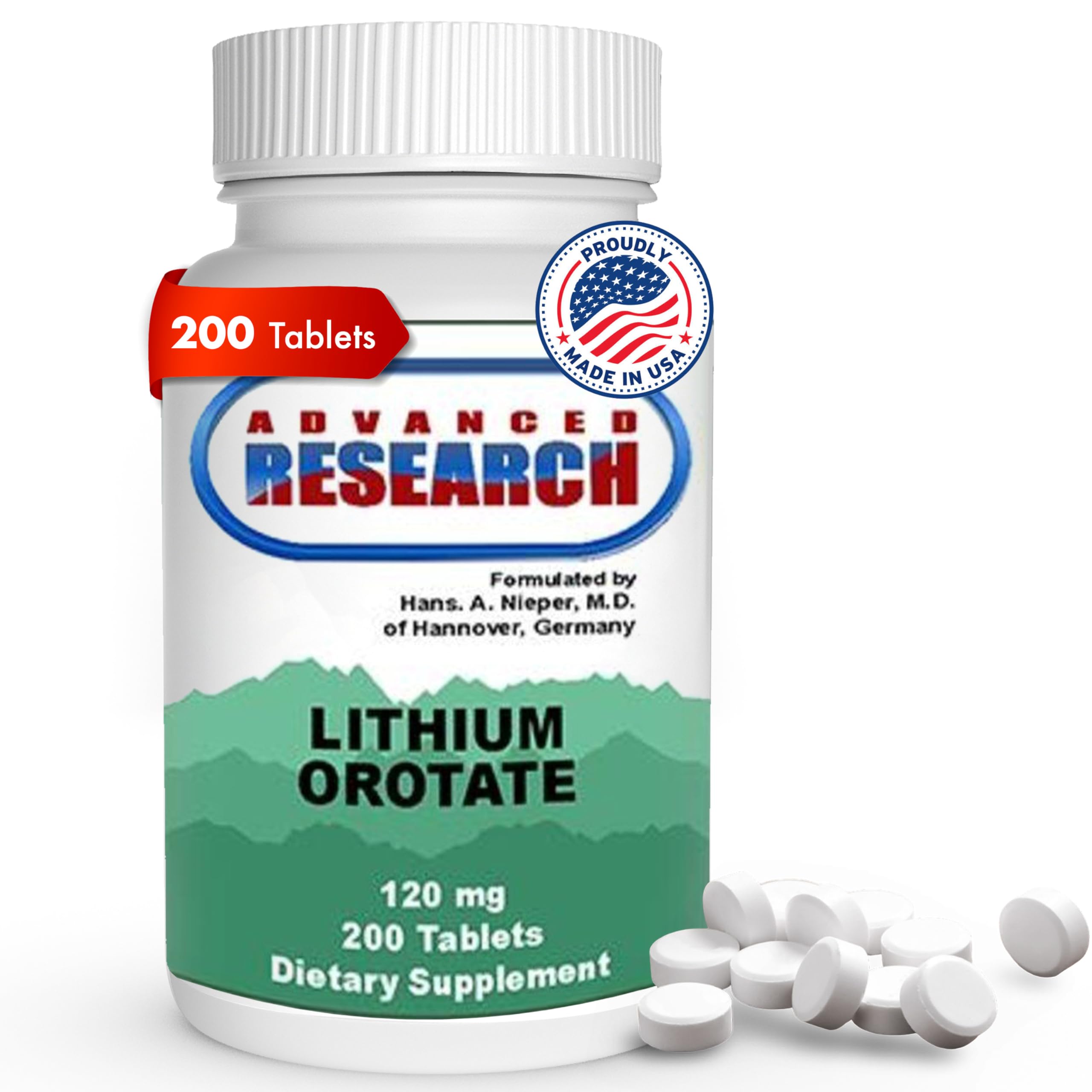 Front view of NCILithium Orotate 5mg 200-count bottle