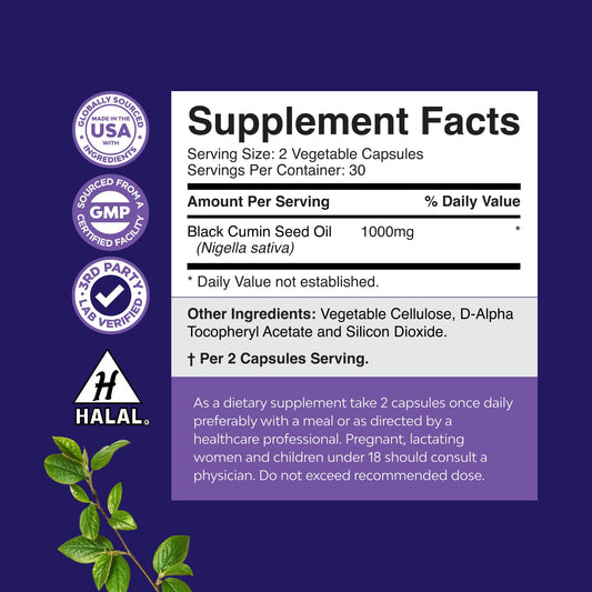 Cold-pressed Nigella Sativa oil capsules with omega-3-6-9