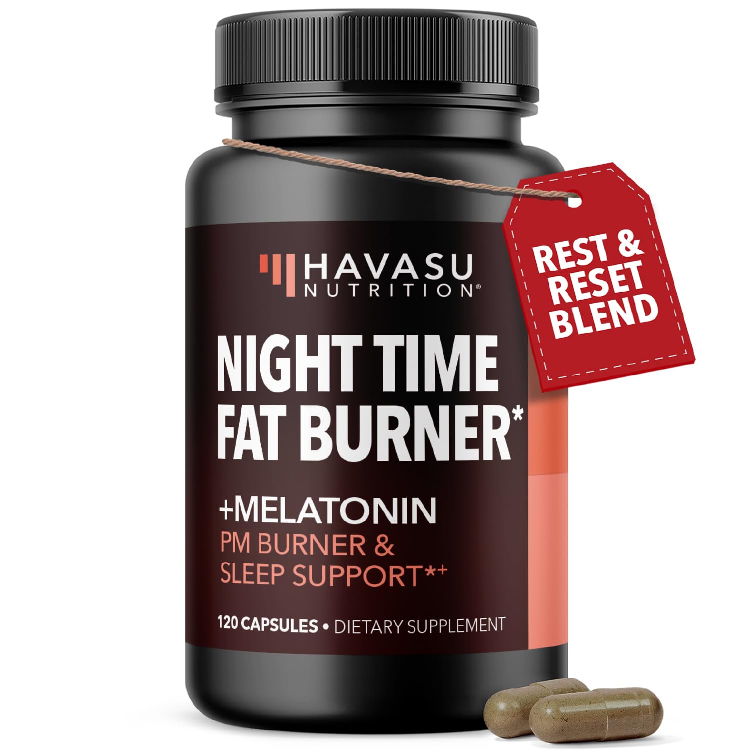 Night Time Fat Burner bottle and capsules on a dark background
