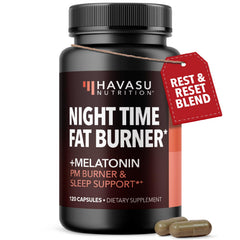 Night Time Fat Burner bottle and capsules on a dark background