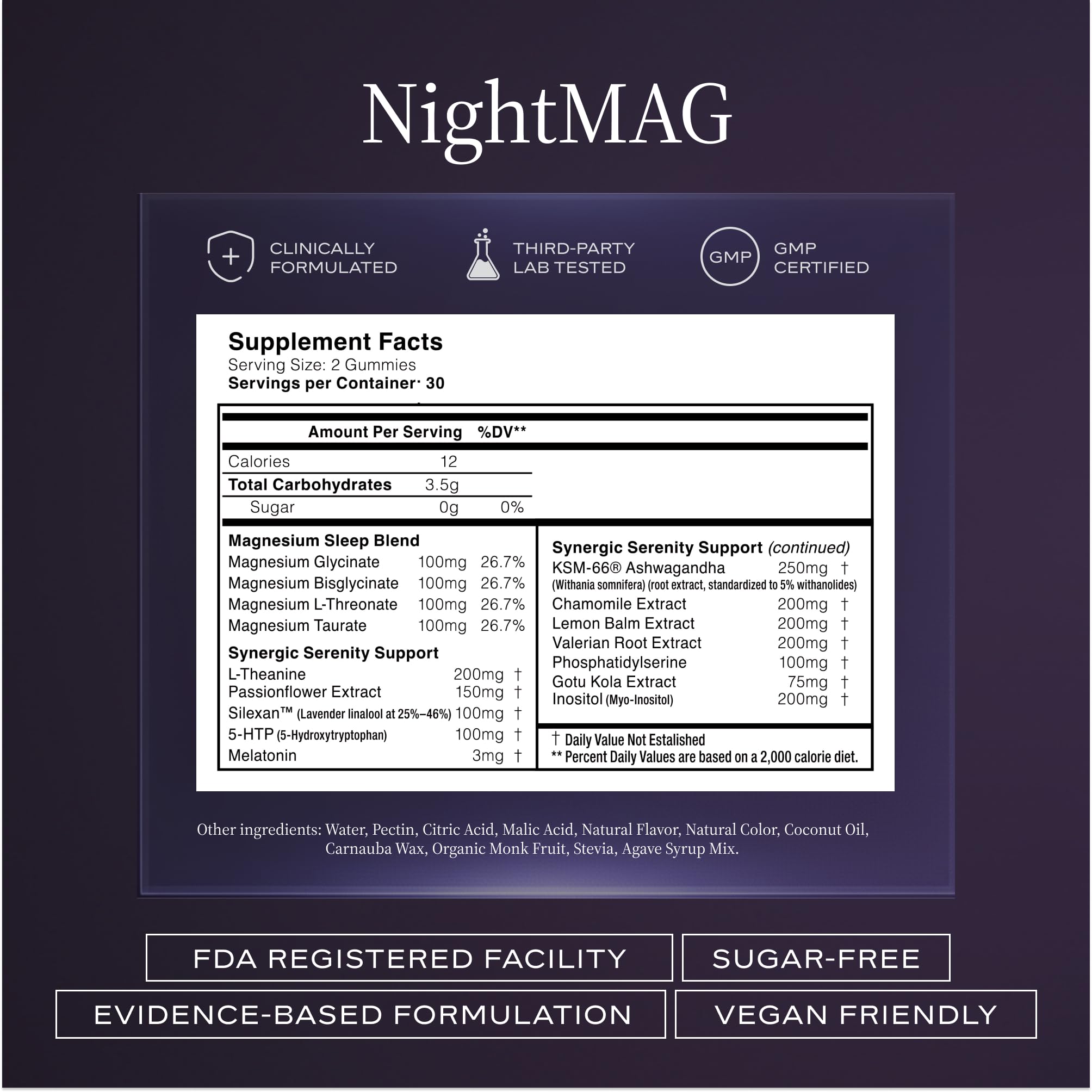  depiction of KSM-66 Ashwagandha, melatonin, and phosphatidylserine ingredients