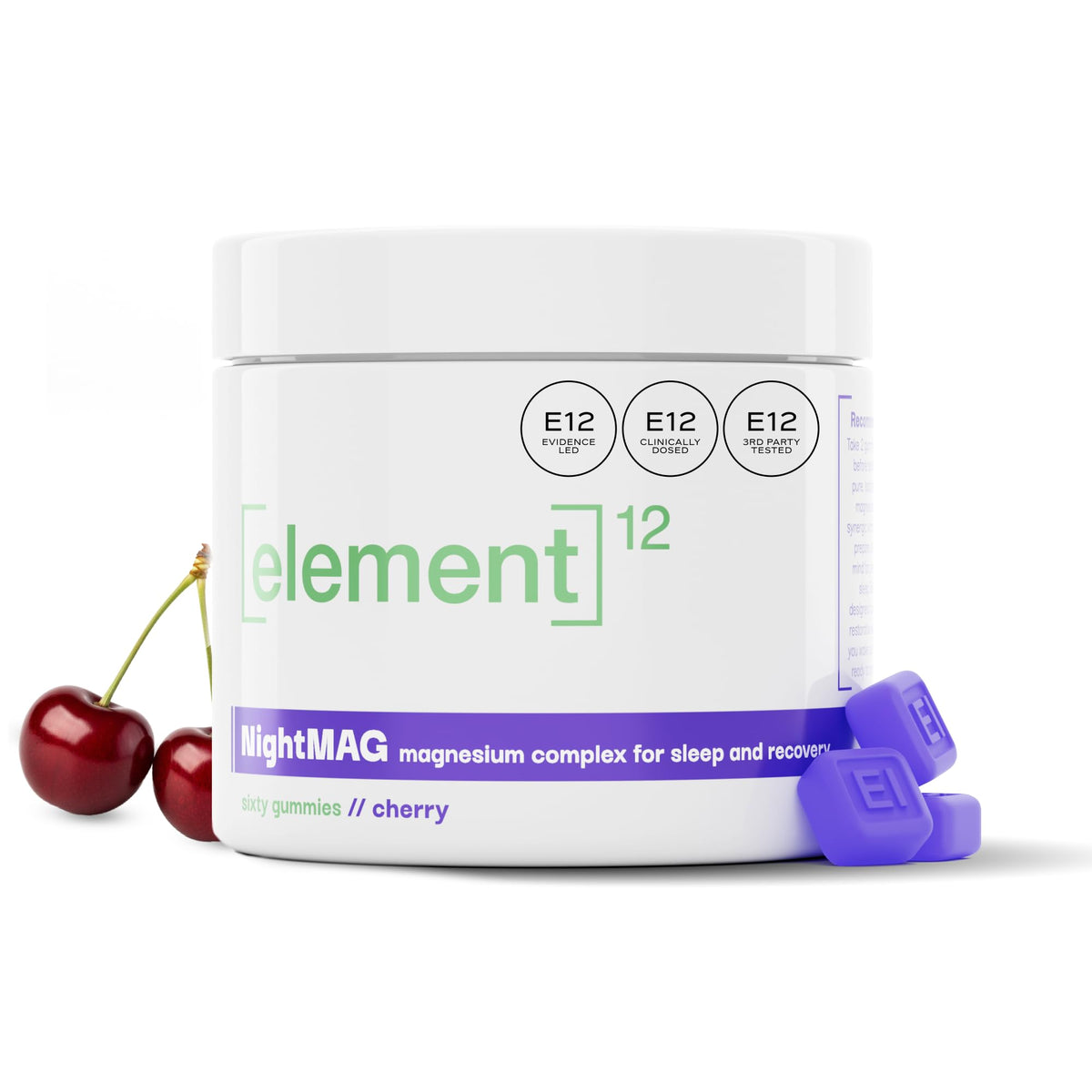 Bottle of ELEMENT12 NightMAG Magnesium Complex Gummies in cherry flavor