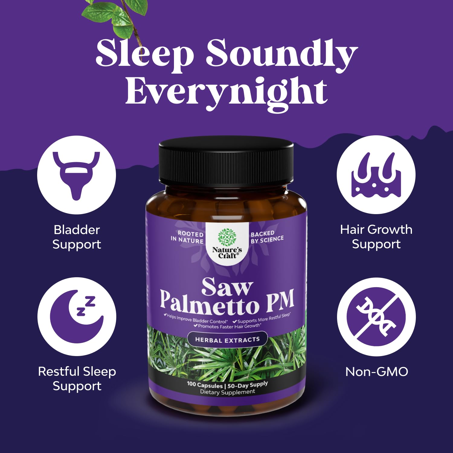 Product bottle with sleep and prostate health icons
