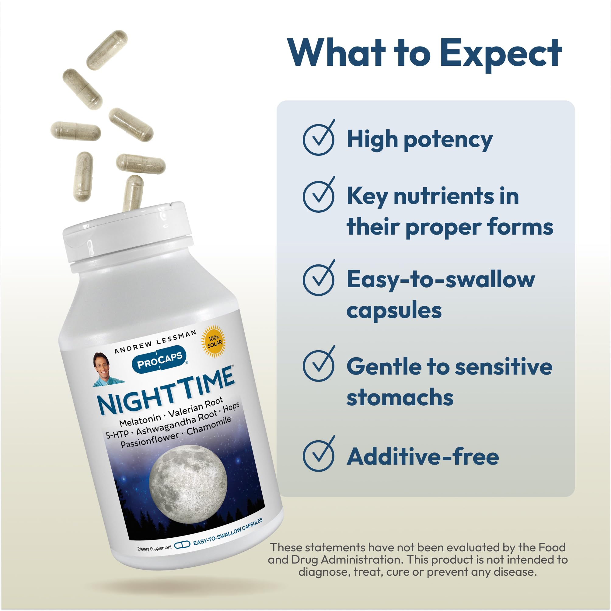 NightTime ingredients: 5-HTP, Valerian, Ashwagandha, Hops, Passionflower, Chamomile