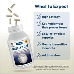NightTime ingredients: 5-HTP, Valerian, Ashwagandha, Hops, Passionflower, Chamomile