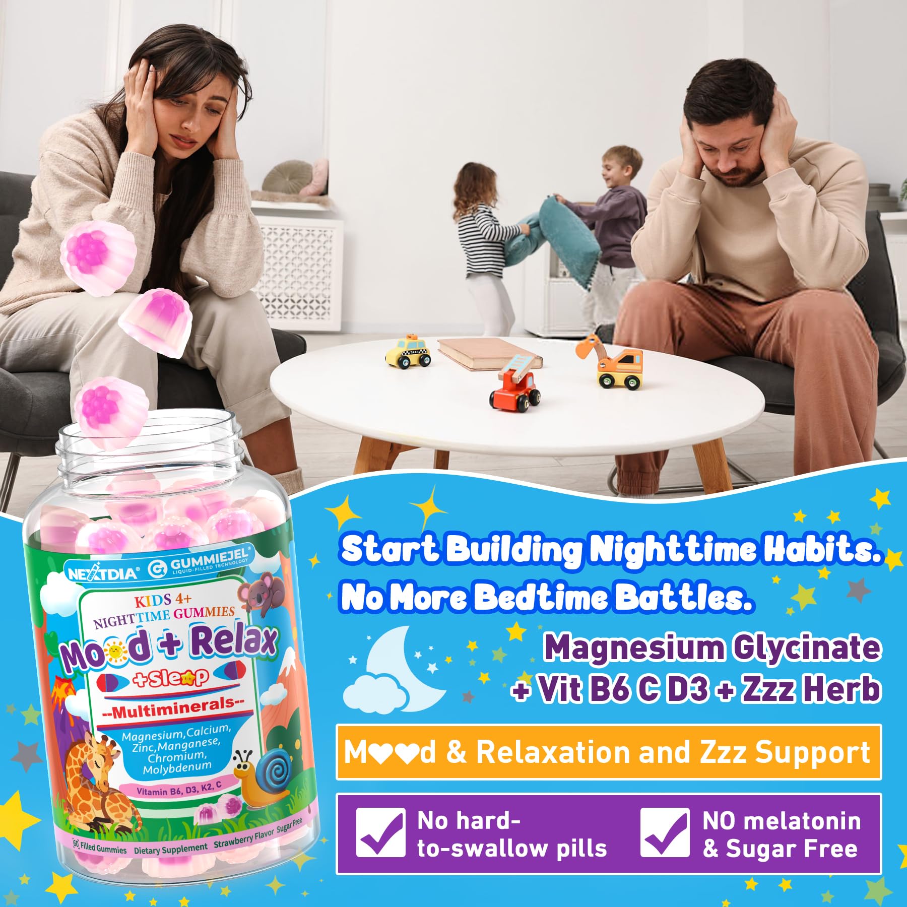 Flavorful kids gummies with a bedtime theme accent