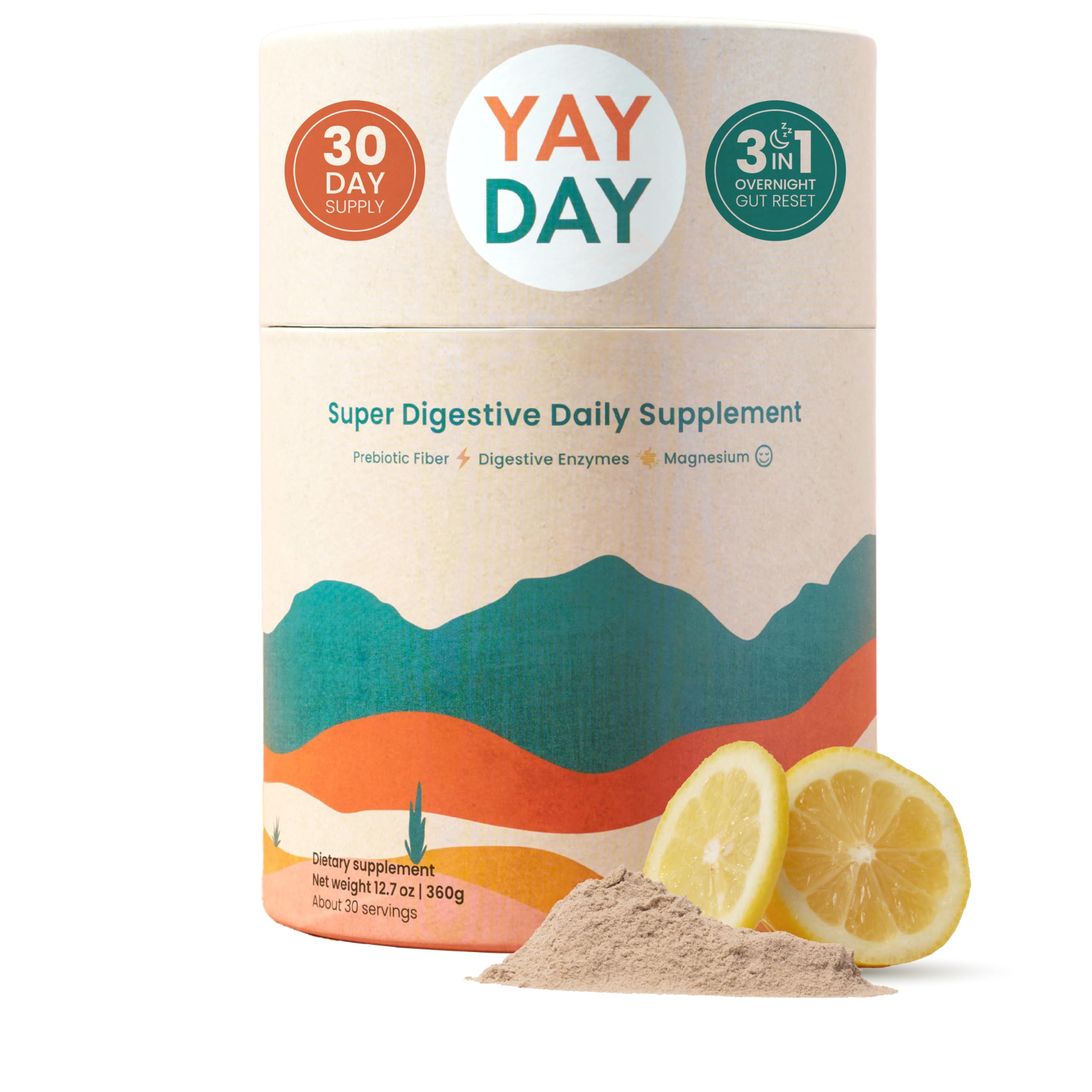 Nighttime prebiotic fiber powder with citrus flavor and 30 scoops
