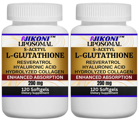 Product front view of Nikoni Liposomal S-Acetyl L-Glutathione, Resveratrol, Hyaluronic Acid and Collagen softgels