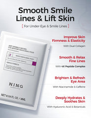 NING DERMOLOGIE under-eye patches applied for smoothing and brightness.
