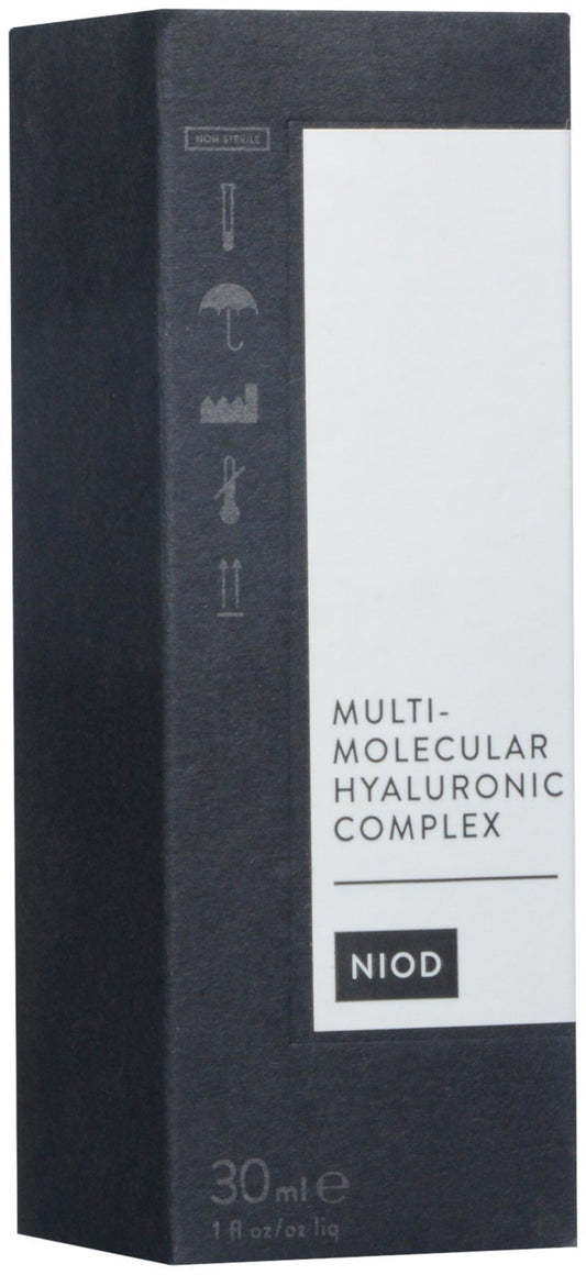 Close-up of NIOD Multi-Molecular Hyaluronic Complex bottle and dropper