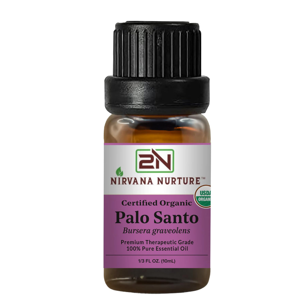 Nirvana Nurture Palo Santo Essential Oil 10ml amber bottle with Euro dropper
