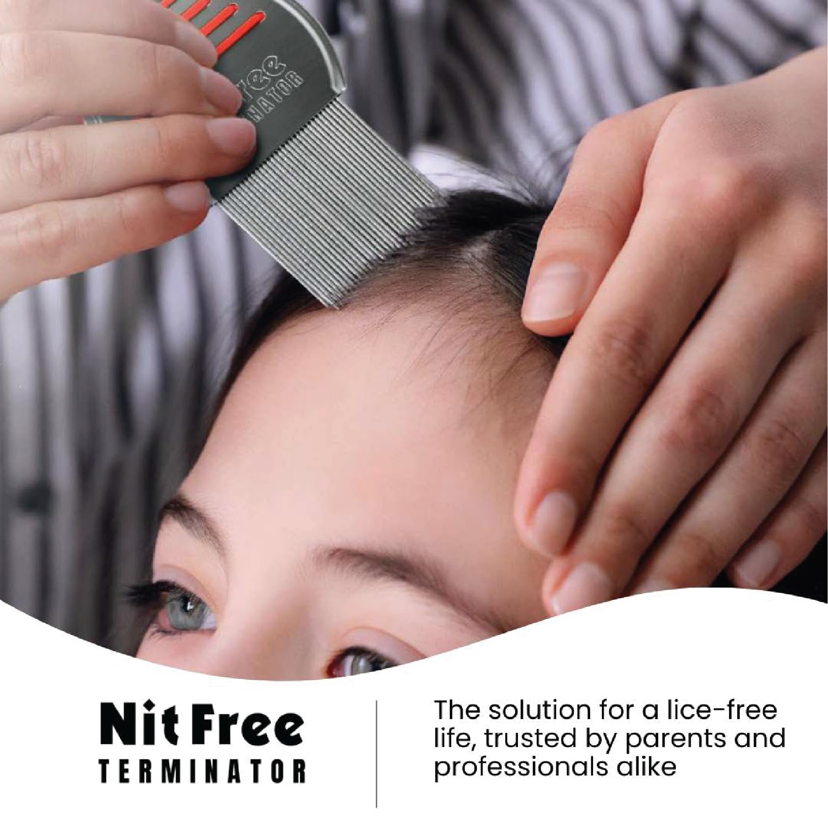 Nit Free Terminator comb in hand showing silver color and comfortable grip
