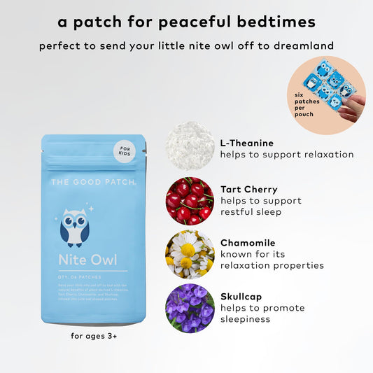 Close-up of Nite Owl Patch showing Tart Cherry, Chamomile and Skullcap
