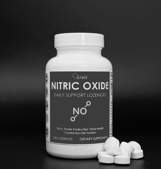 Close-up of Nitric Oxide Lozenges bottle with label