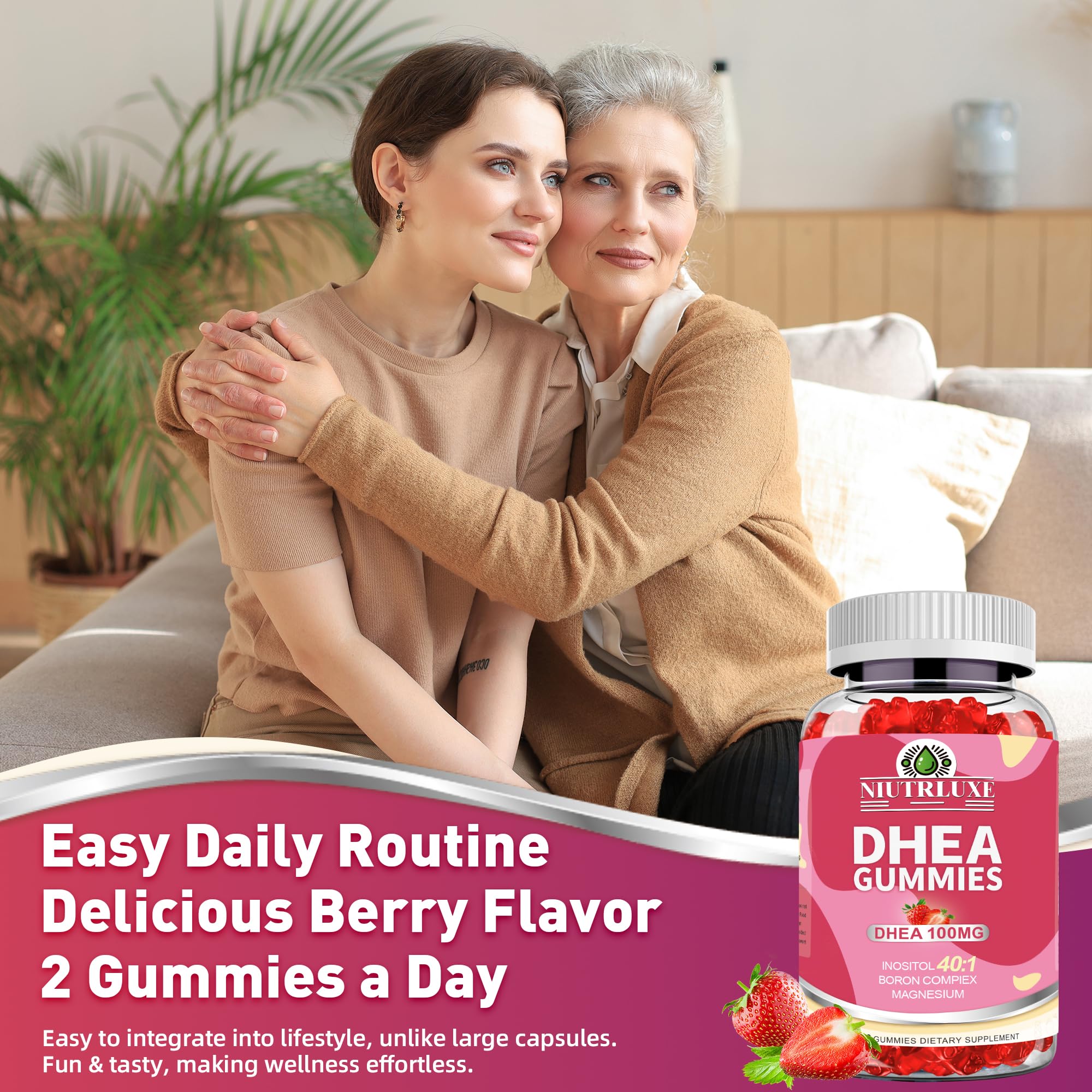 Lifestyle image of a woman taking a DHEA gummy
