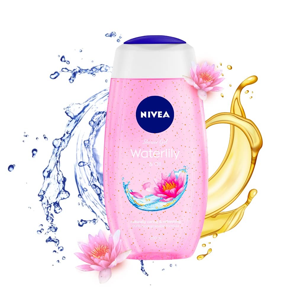 NIVEA bath shower Water Lily Oil pearls bottle shows nourishing care for skin.