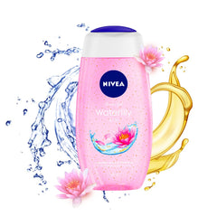 NIVEA bath shower Water Lily Oil pearls bottle shows nourishing care for skin.