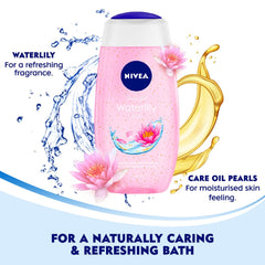 NIVEA oil pearls envelopment texture demonstrates skin-softening potential in shower.