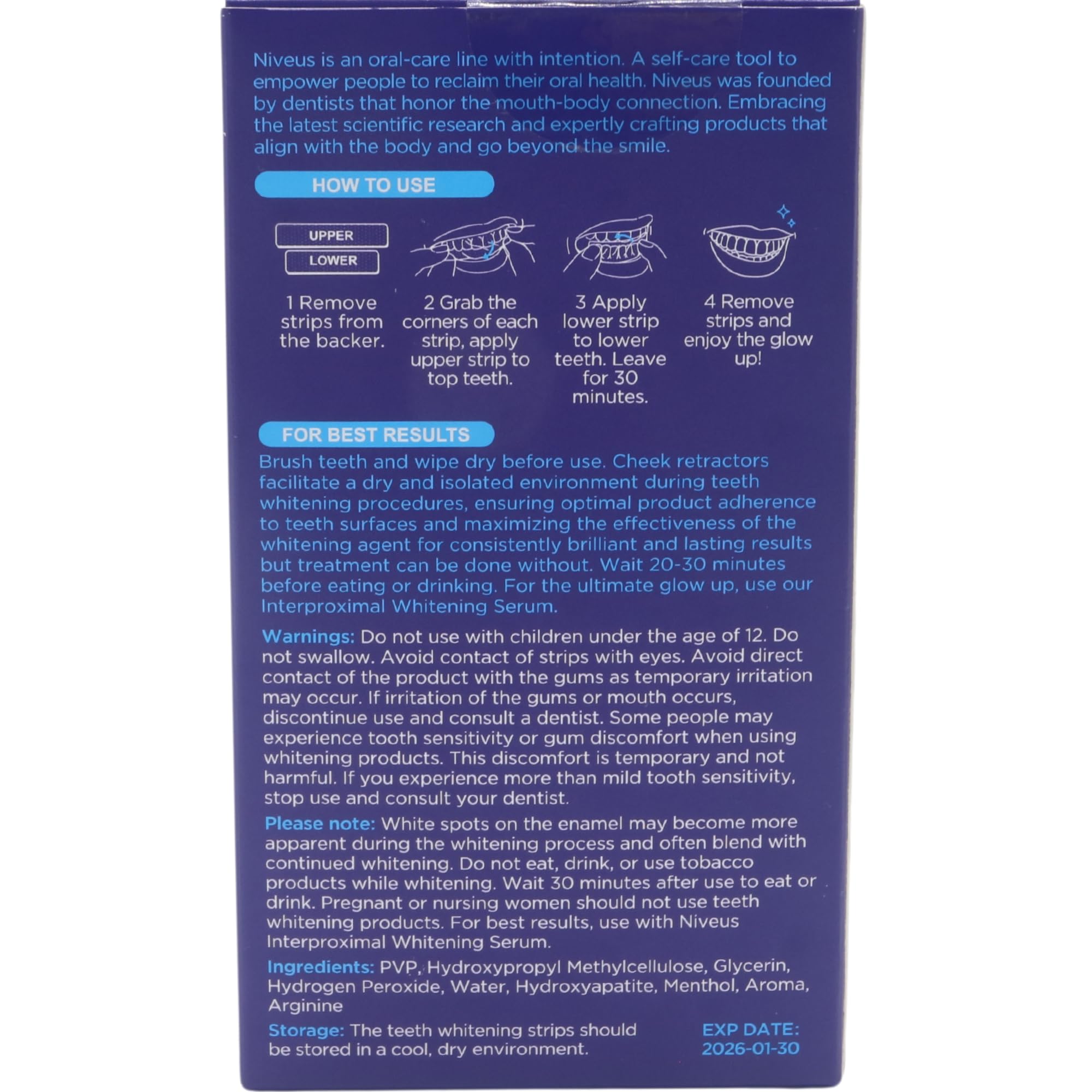 Close-up of the Niveus whitening strips label