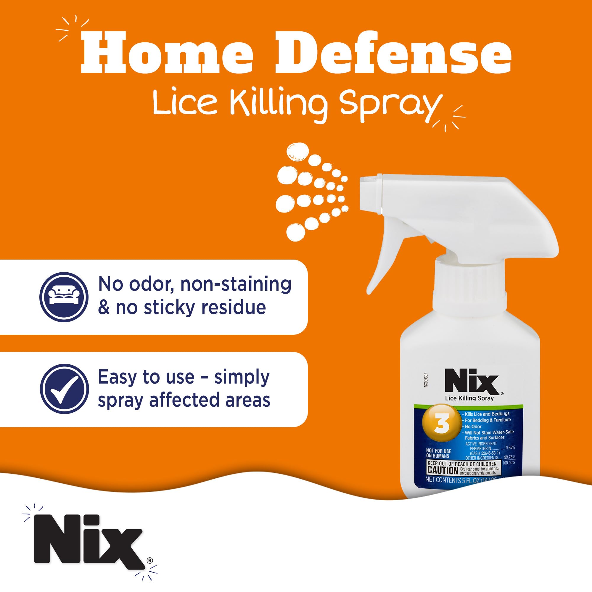 Nix label close-up highlighting odor-free, non-staining formula