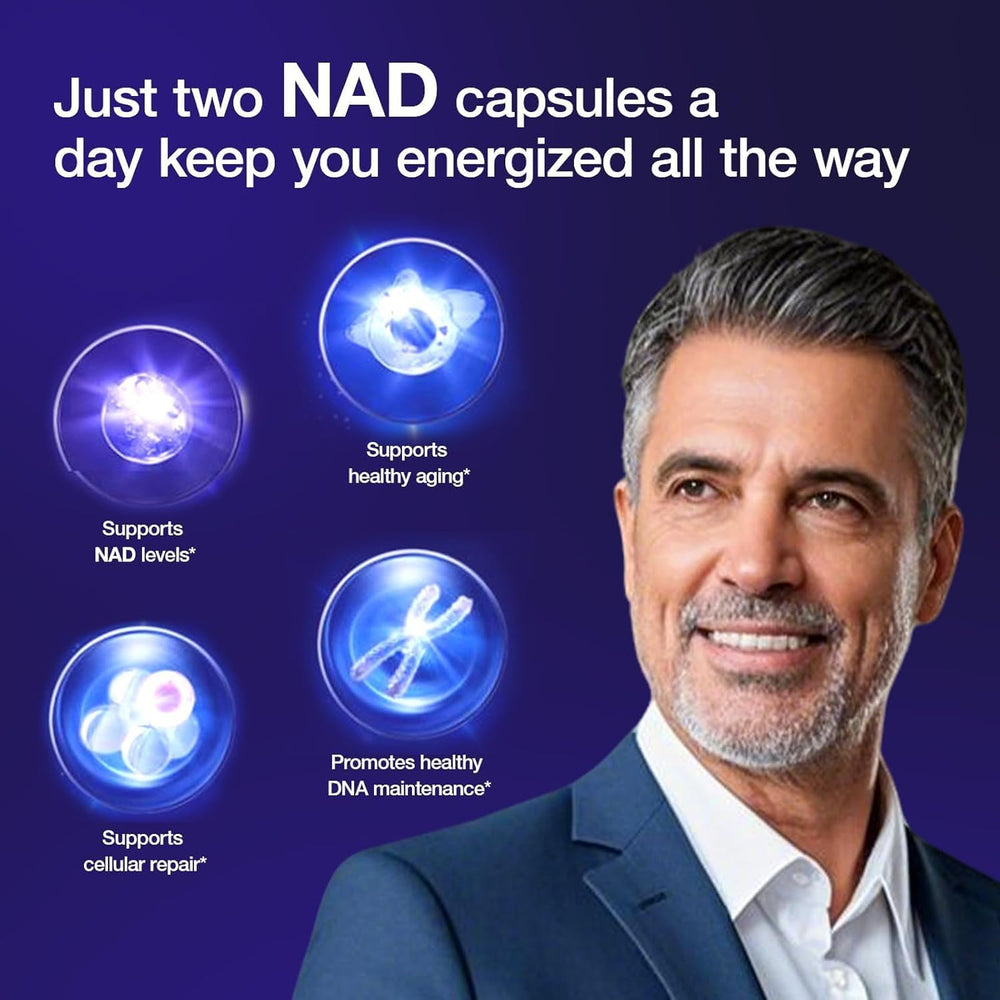 Close-up of ingredients: Nicotinamide Riboside 900mg, Resveratrol, Quercetin