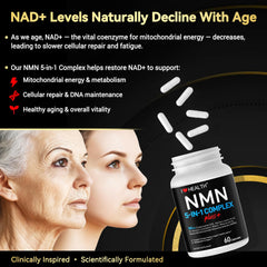 NMN Complex Plus+ capsules featuring CoQ10 and Resveratrol