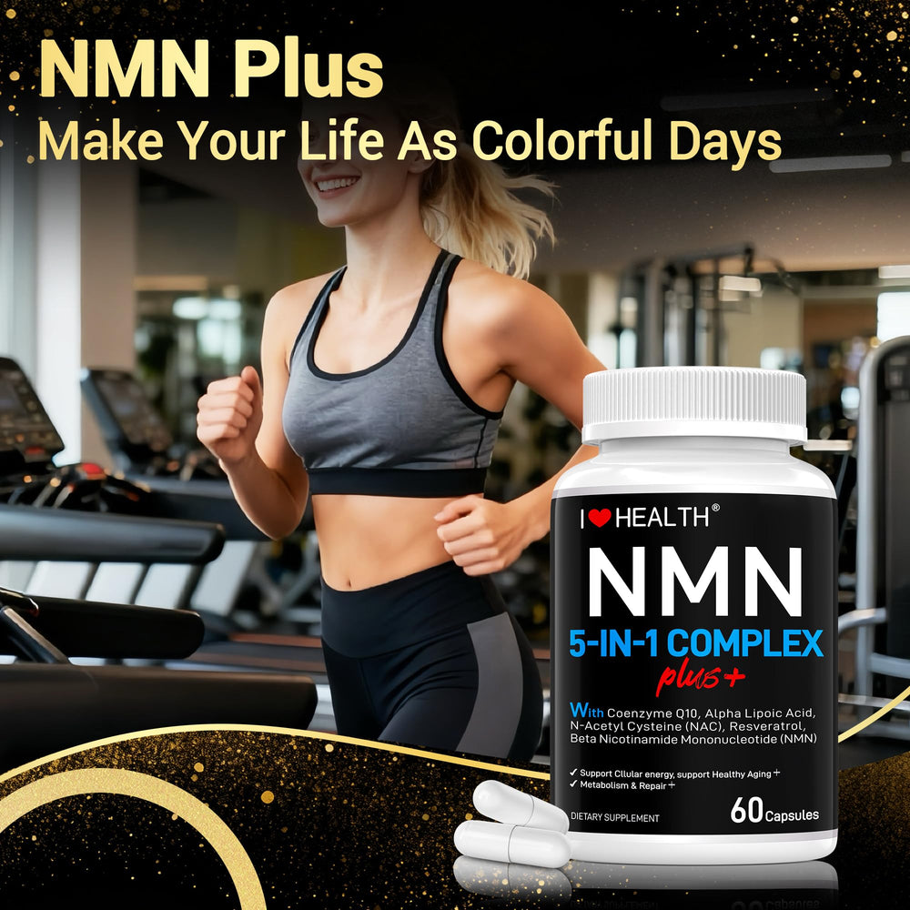 Lifestyle image showing NMN Complex Plus+ capsules on a table