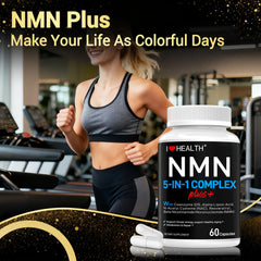 Lifestyle image showing NMN Complex Plus+ capsules on a table