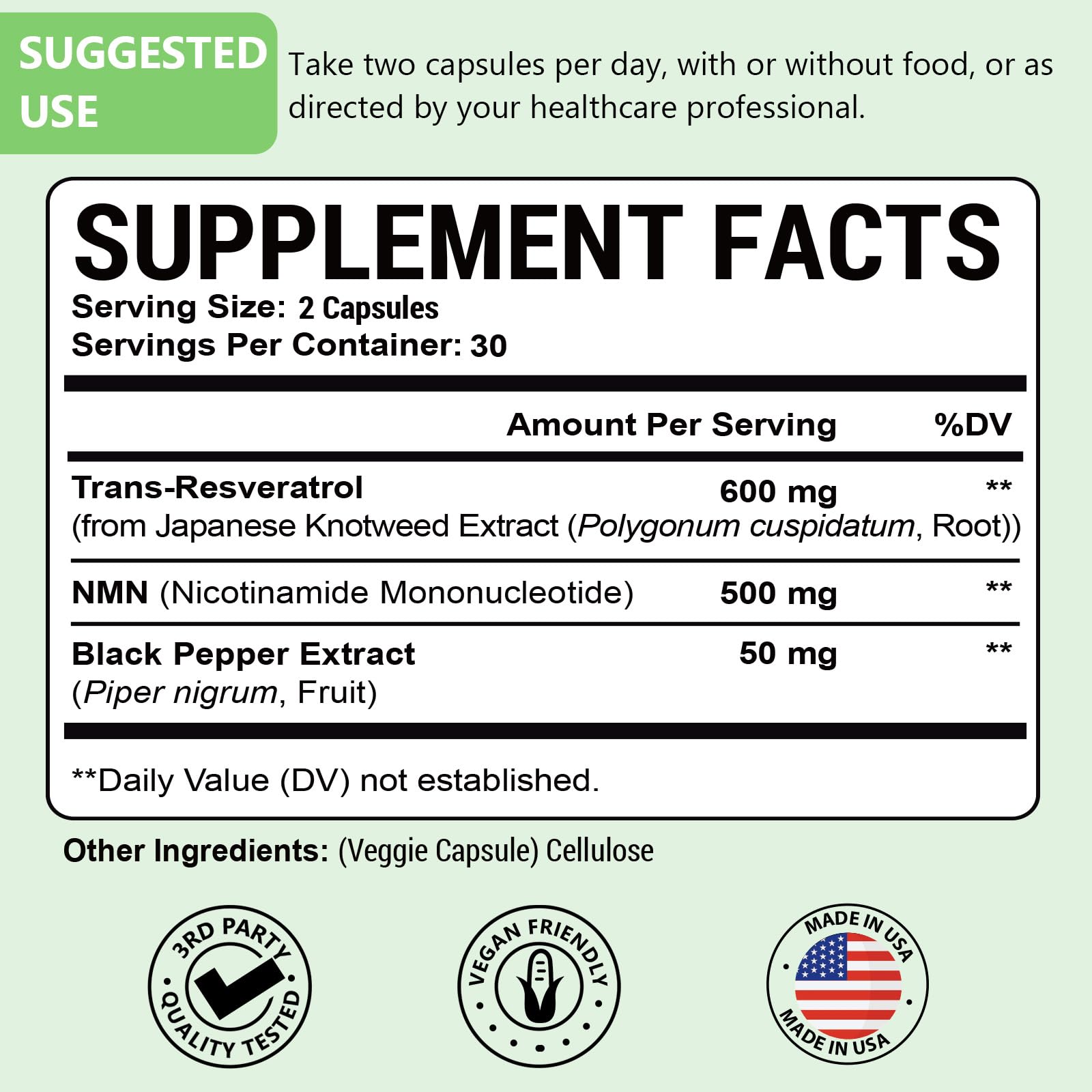 Back of bottle showing supplement facts for NMN Resveratrol