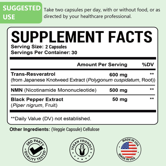 Back of bottle showing supplement facts for NMN Resveratrol