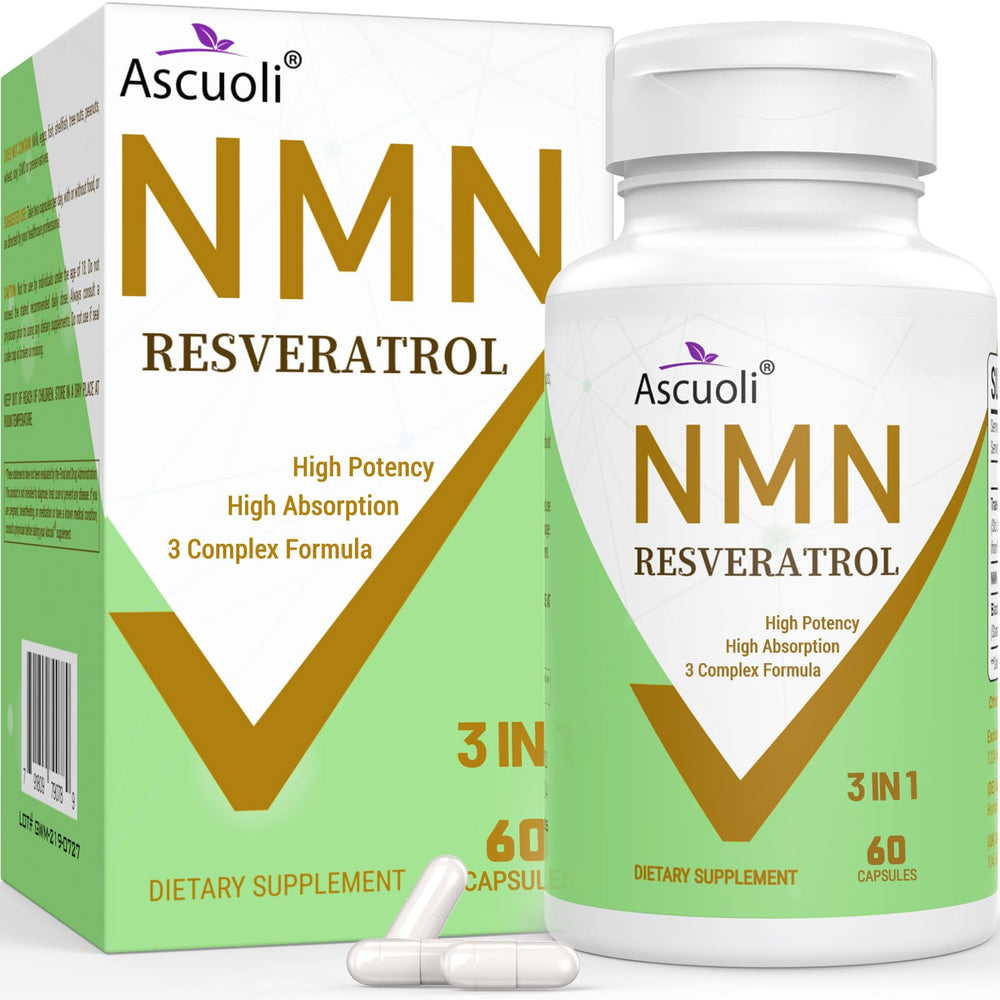 Bottle of 99% Ultra Purity NMN 500mg + Trans-Resveratrol 600mg supplement with 60 capsules