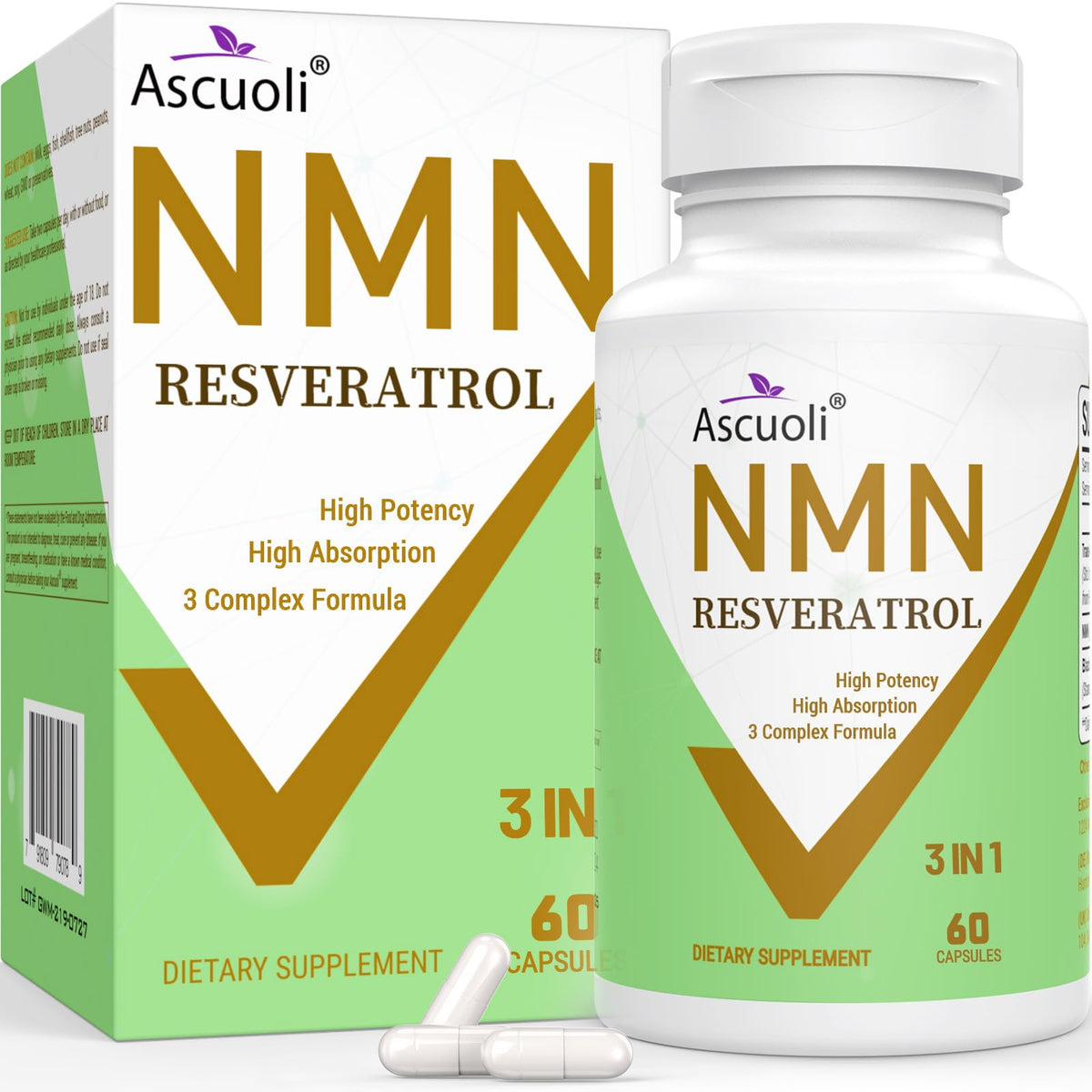 Bottle of 99% Ultra Purity NMN 500mg + Trans-Resveratrol 600mg supplement with 60 capsules