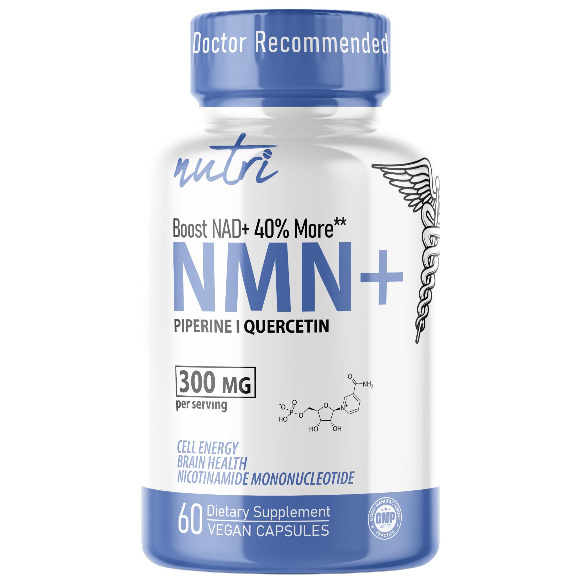 NMN supplement bottle with label reading 300 mg NMN and 60 capsules