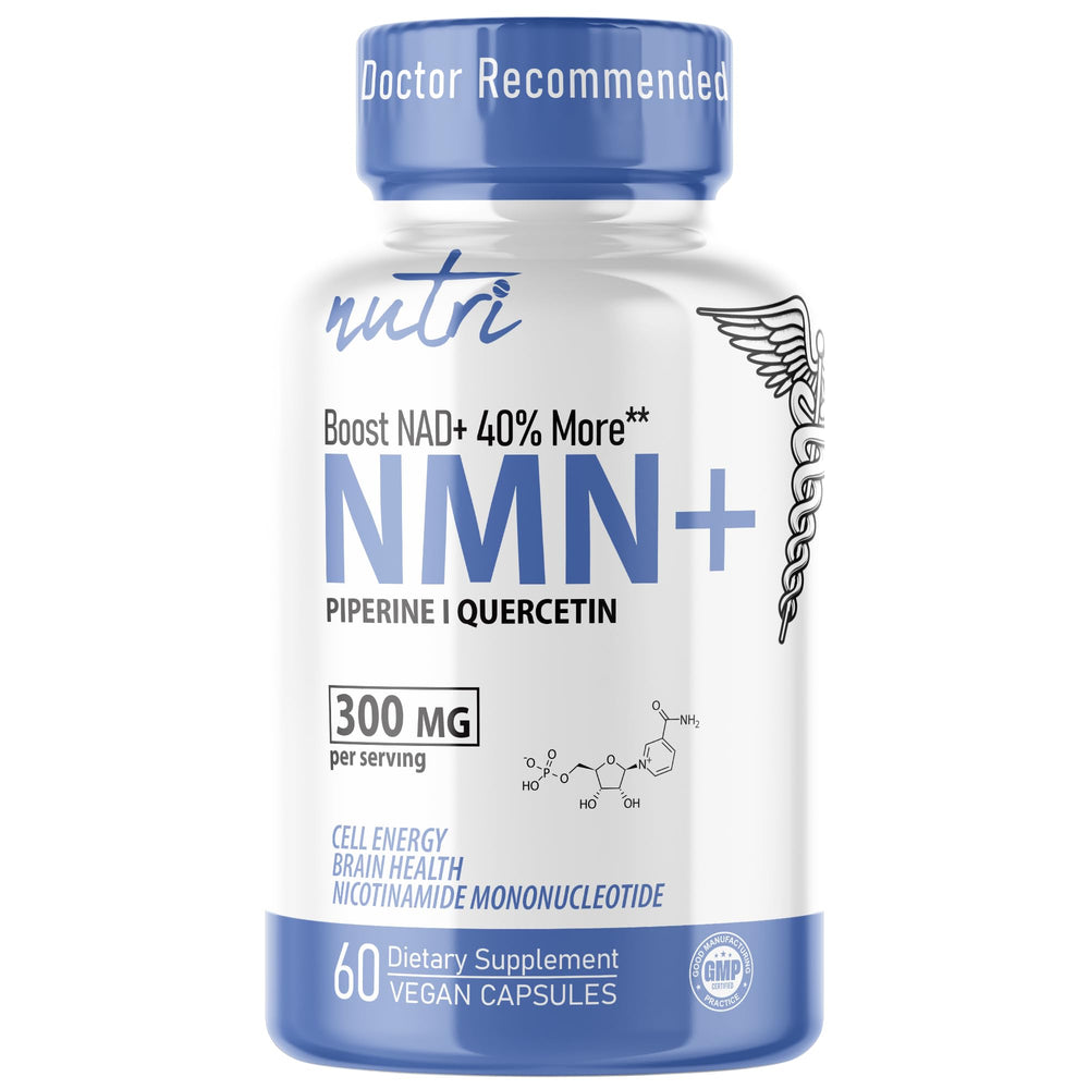 NMN supplement bottle with label reading 300 mg NMN and 60 capsules