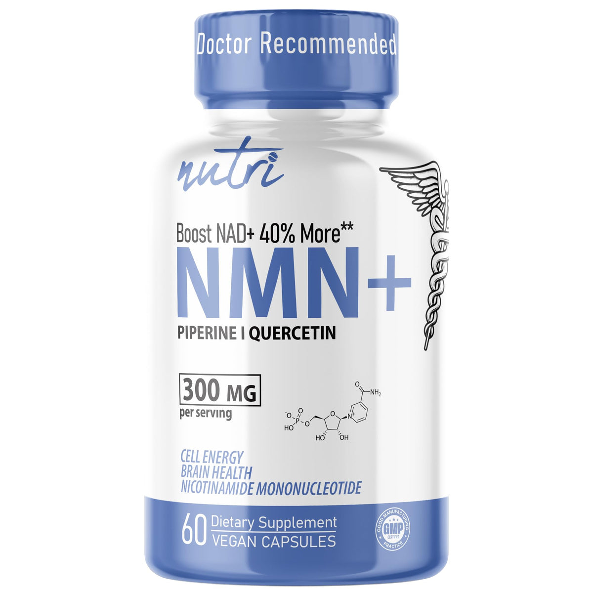 NMN supplement bottle with label reading 300 mg NMN and 60 capsules