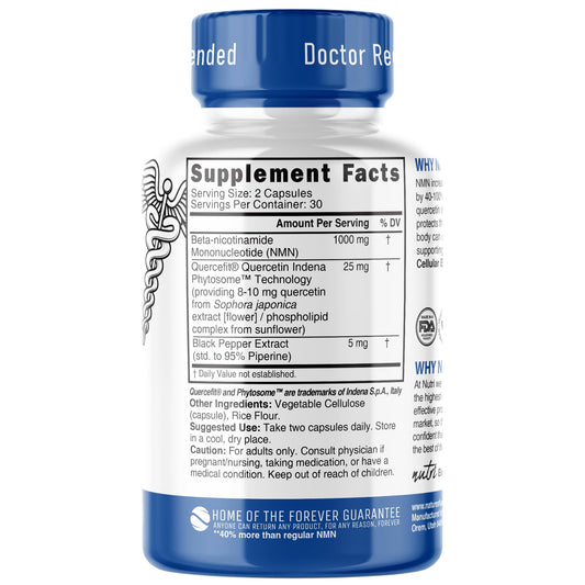 Close-up of NMN supplement capsules and powder