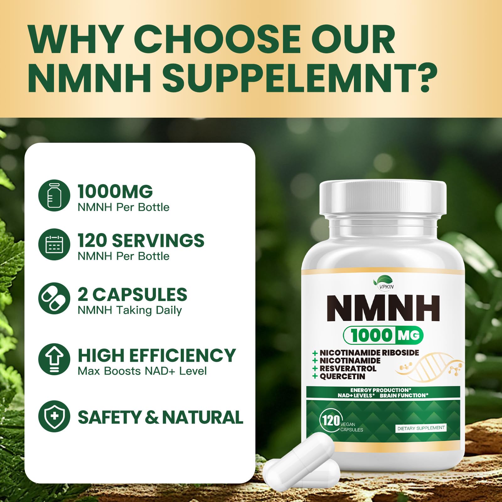 Non-GMO and gluten-free labeling on NMNH bottle