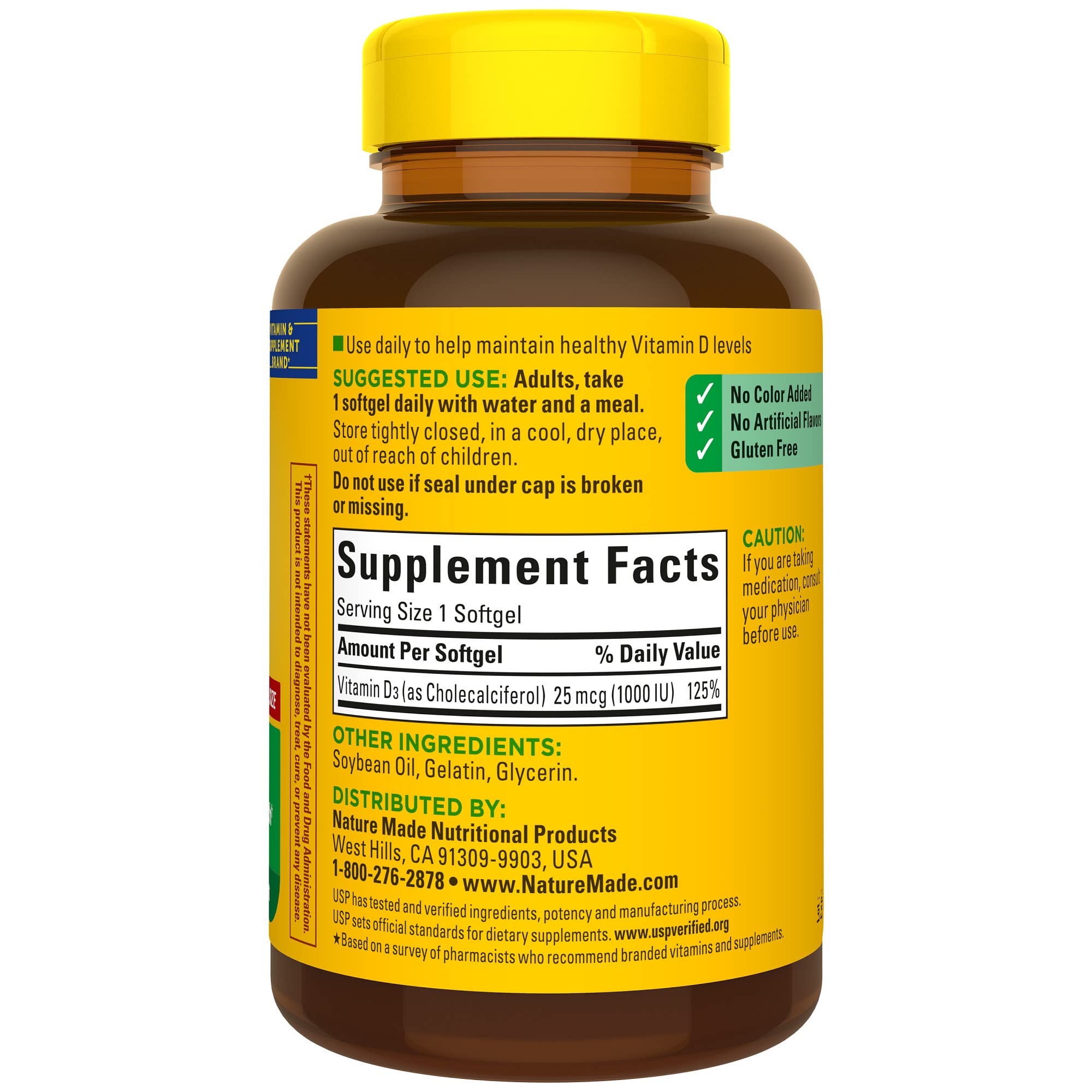 Packaging stating no color added and no artificial flavors for Nature Made Vitamin D3