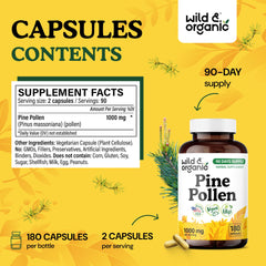 Pine pollen capsules labeled no fillers and non-GMO