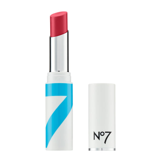 No7 HydraLuminous lip balm raspberry swatch showing sheer color and hydrating glow