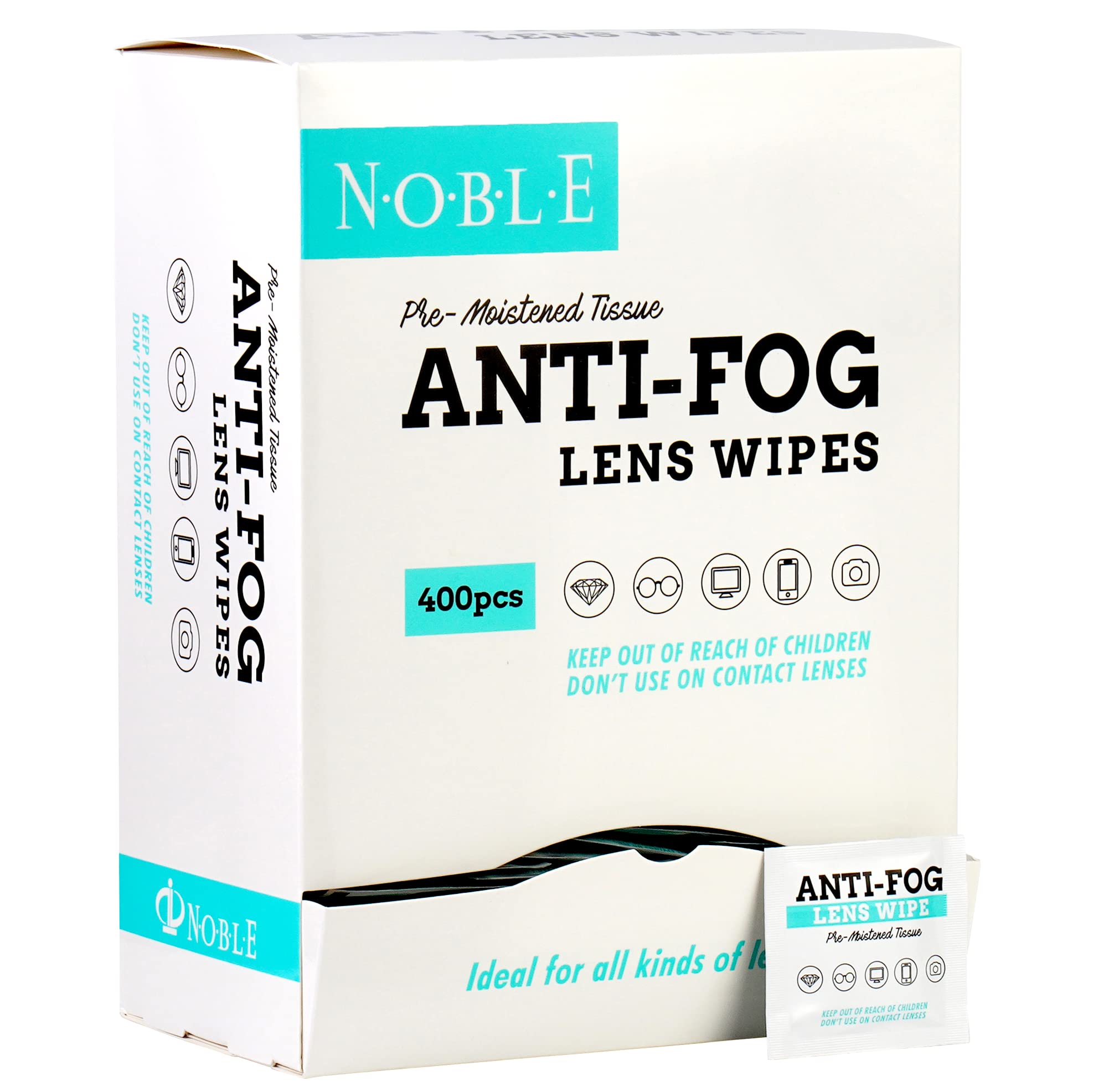 Box of Noble Anti-Fog Wipes - 400 pcs front view