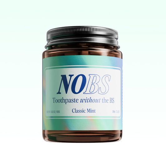 NOBS toothpaste tablets in a plastic-free glass jar