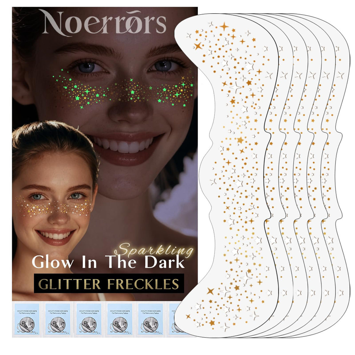 Noerrors glitter freckles tattoos daylight gold-foil shimmer.