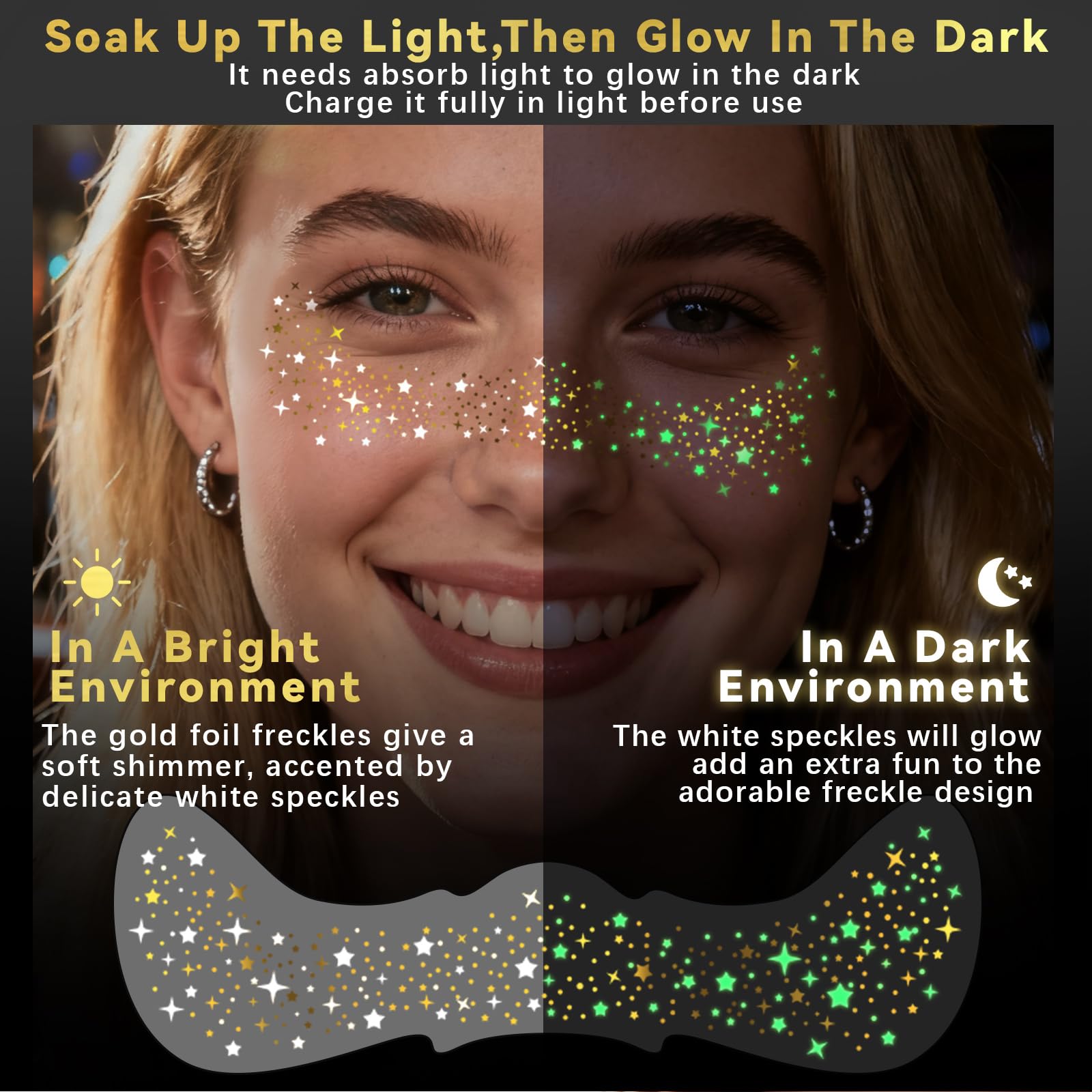 Noerrors glitter freckles tattoos removal wipes included for easy cleanup.