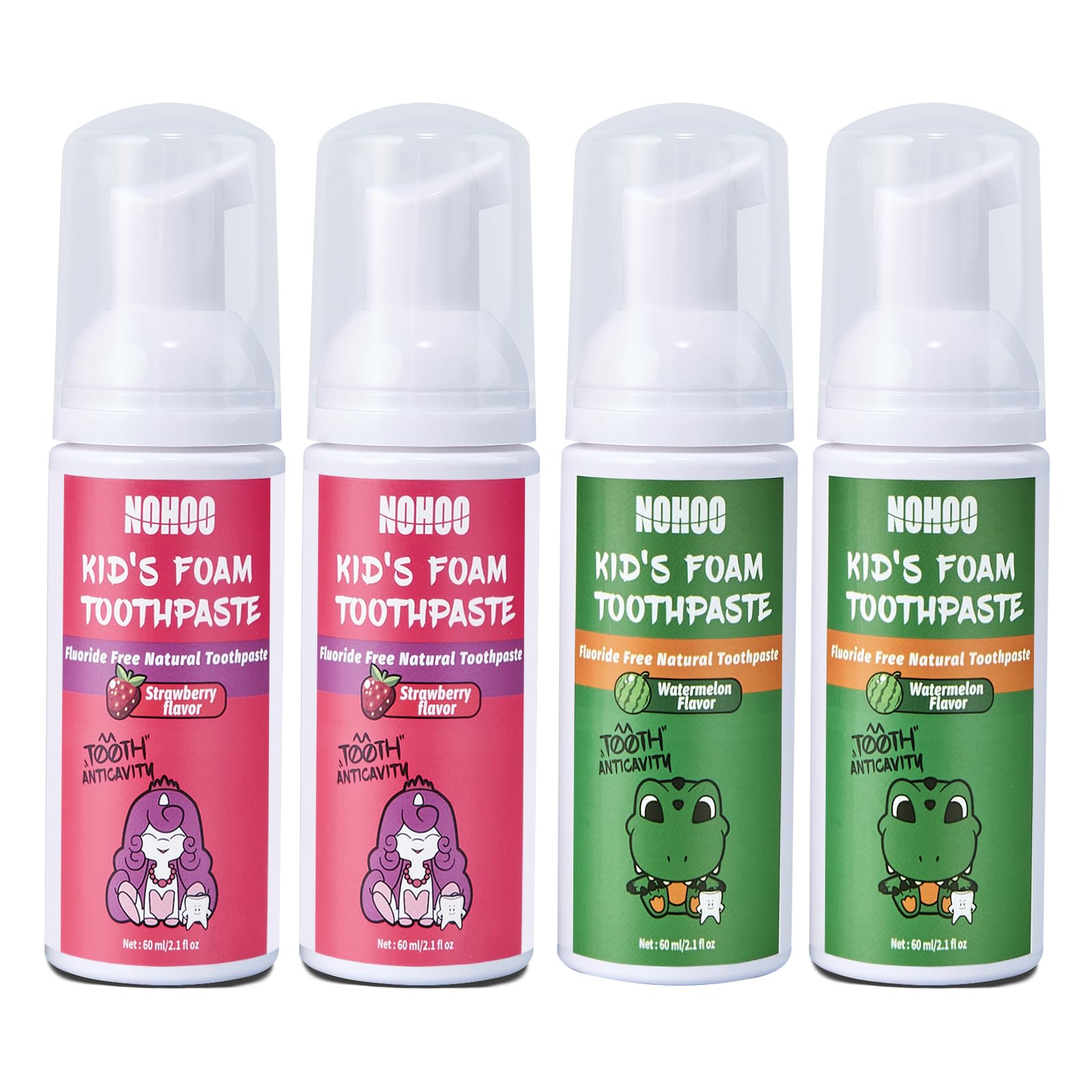 Front view of NOHOO fluoride-free foam toothpaste for kids in strawberry and watermelon flavor