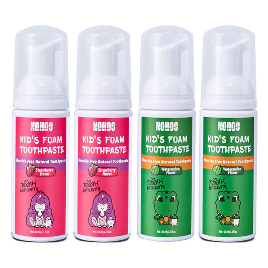 Front view of NOHOO fluoride-free foam toothpaste for kids in strawberry and watermelon flavor