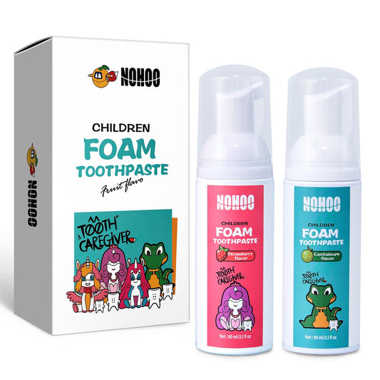 Hero image: NOHOO fluoride-free foam toothpaste for kids in strawberry and cantaloupe flavor